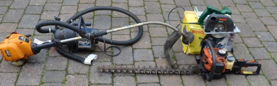 McCulloch petrol strimmer, Bosch PKS 46 circular & Clarke pump & a Stihl petrol hedge cutter