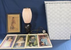 Set of 4 1960s Golding prints of children, Dartmouth Pottery lamp, print of a Georgian gentlemen,