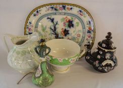Large Victorian Vesper meat dish, barge ware teapot (missing handle) etc