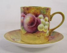 Royal Worcester artist Bryan Cox outside decorated fruit painted coffee can and saucer - both pieces