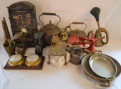 2 cobblers lasts, vintage car horn & bugle, scales with weights, etc (2boxes)