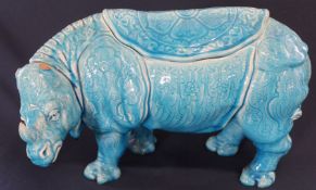 French Persian blue faience rhino in the manner of Theodore Deck (missing ears) 24.5cm high
