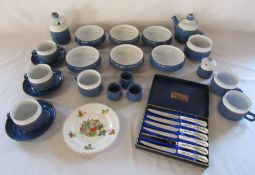 Blue and white pottery part breakfast set, Coalport knives and a small  plate