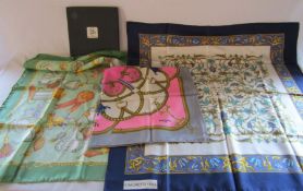 Boxed Diana de Silva green patterned silk scarf, Diana de Poitiers silk scarf and Richel silk