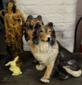 2 ceramic Alsatians (1 damaged), small Sylvac yellow bunny & 2 resin Oriental figures