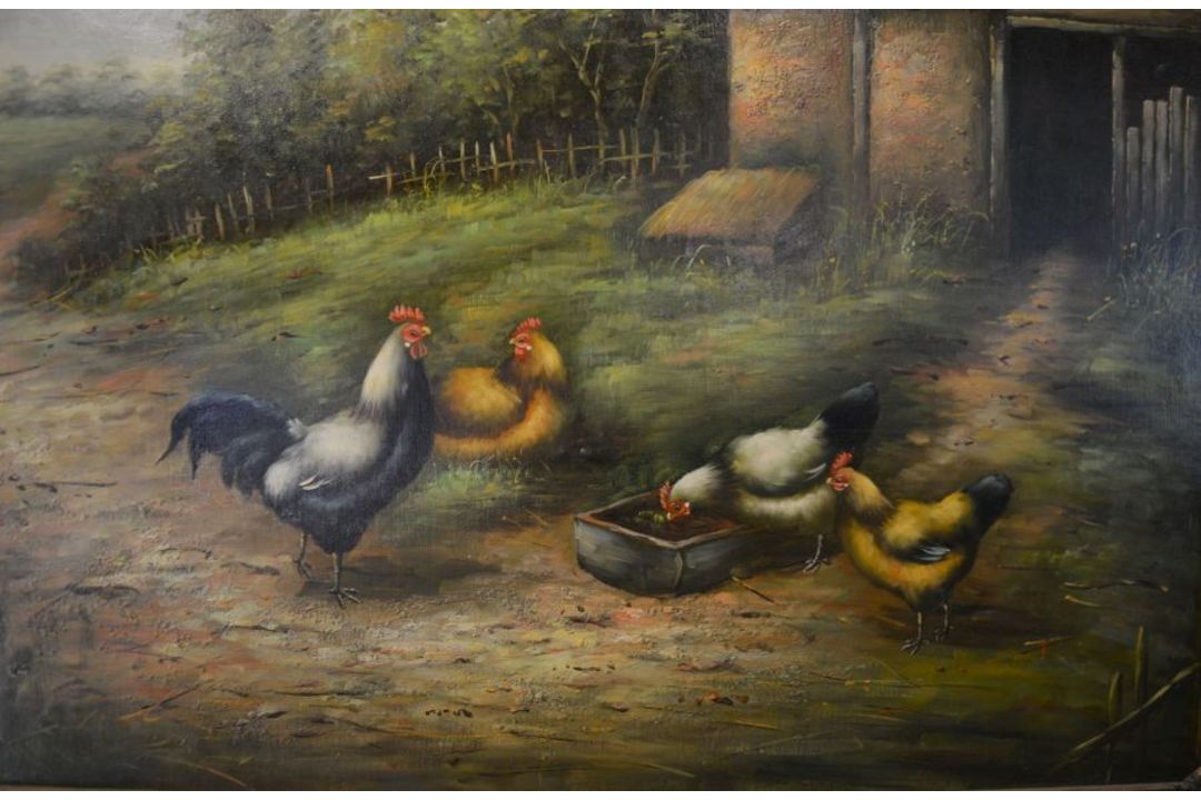 Pair of large modern oil on canvas paintings of chickens in farm yards signed Hemming in - Image 4 of 4