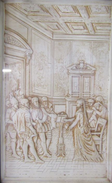 2 framed plaster plaques carved in relief (rear of frames loose) approx. 28.5cm x 40cm (includes - Image 2 of 4
