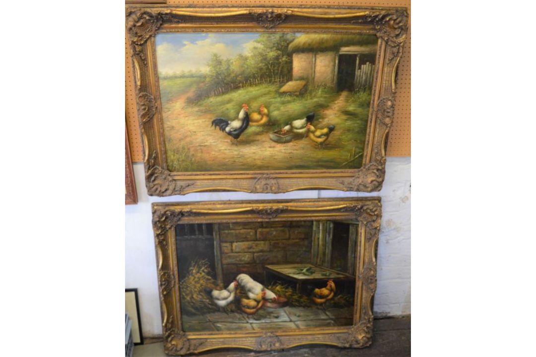 Pair of large modern oil on canvas paintings of chickens in farm yards signed Hemming in - Image 1 of 4