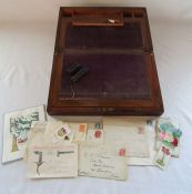 Wooden writing slope approx. 40cm x 24cm x 15.5cm includes empty envelopes with dates and stamps