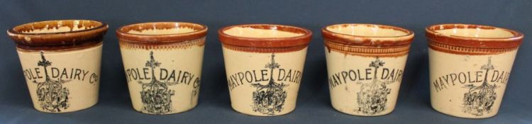 5 Edwardian stoneware Maypole Dairy 2lb measures