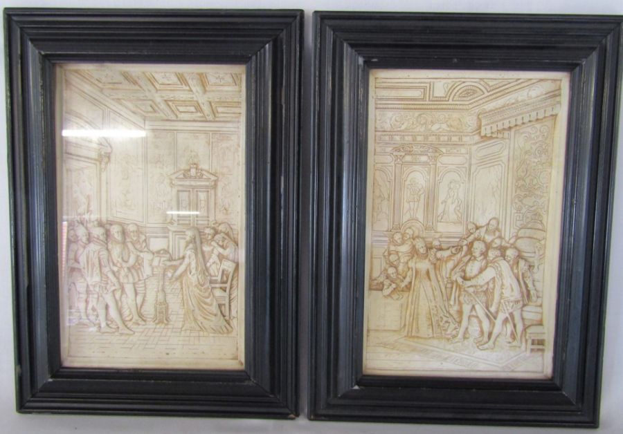 2 framed plaster plaques carved in relief (rear of frames loose) approx. 28.5cm x 40cm (includes