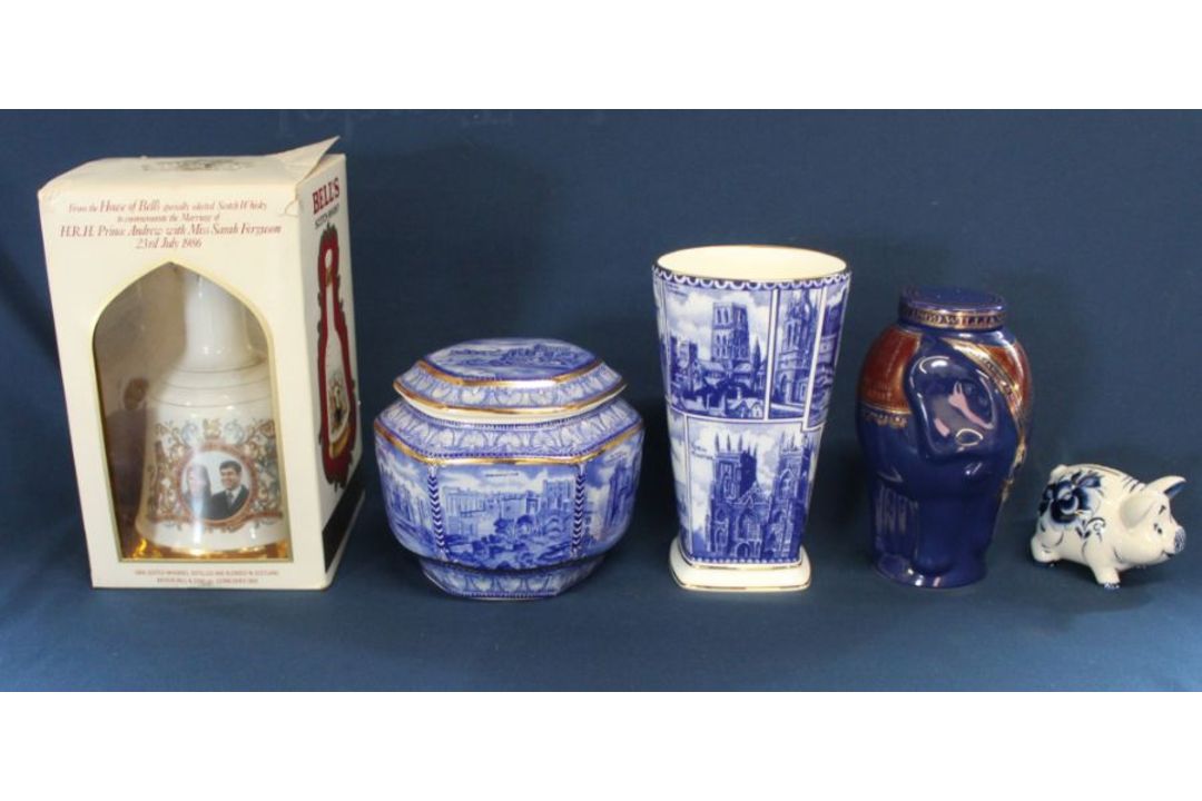 Bell's Whisky commemorative decanter in original box (with contents), Rington's Landmarks vase &