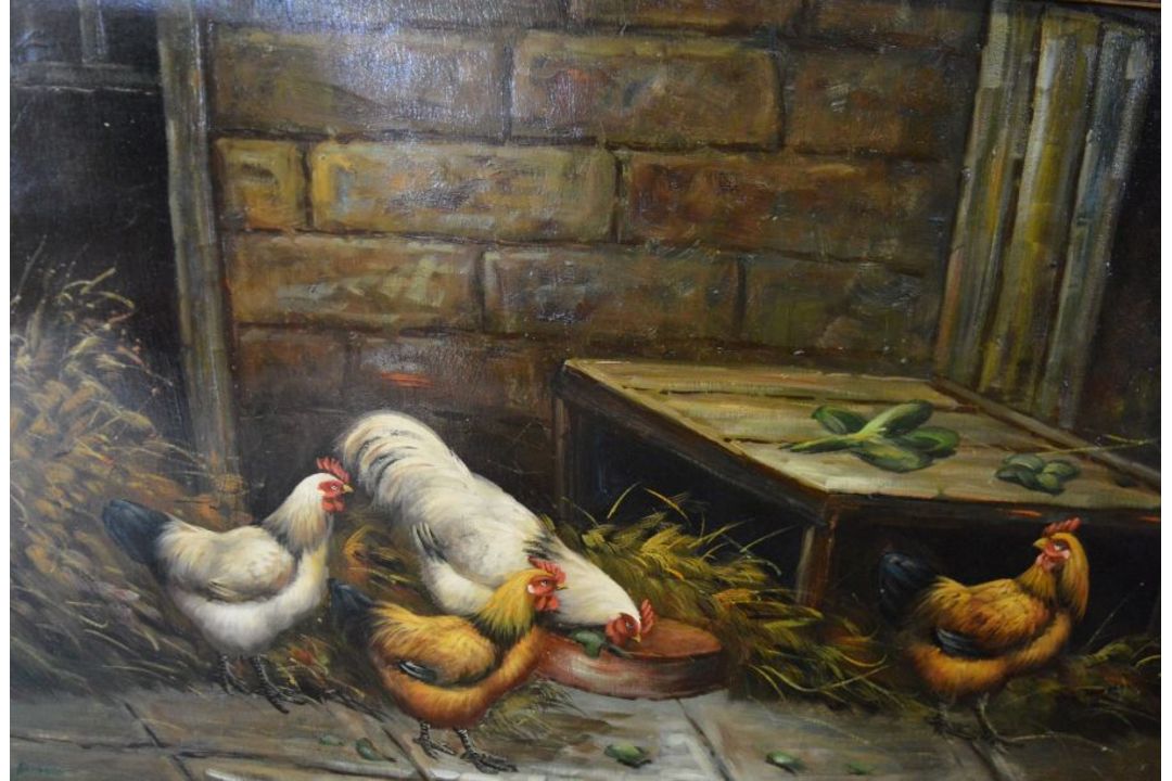 Pair of large modern oil on canvas paintings of chickens in farm yards signed Hemming in - Image 3 of 4