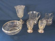 Collection of glass including a silver rimmed bowl, celery vase etc