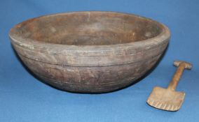 19th century sycamore dairy bowl 42cm wide with butter scoop