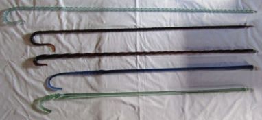 5 coloured glass canes - amber glass spirally moulded shepherds crook, pale green glass spiral