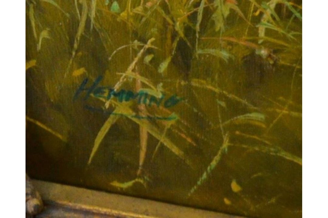 Pair of large modern oil on canvas paintings of chickens in farm yards signed Hemming in - Image 2 of 4