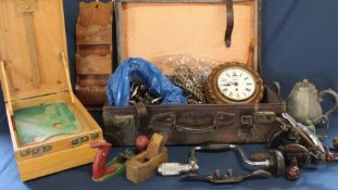 Suitcase containing late Victorian rope twist wall clock, woodworking tools, table top easel box,