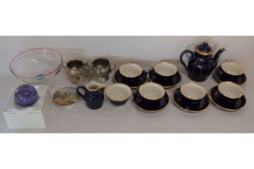 Delauney coffee set, Caithness paperweight, silver topped jam pot, prattware pot lid etc