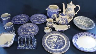 Selection of blue and white crockery including George Jones Abbey biscuit barrel (no lid) and modern