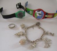 Silver charm bracelet - total weight 1.22ozt, silver ring with stone setting and 2 swatch watches -