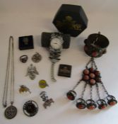 Collection of gothic style jewellery items include Dracula pin badges, Alchemy Gothic Watch,