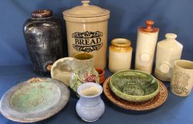 Selection of stoneware including bread bin, hot water bottles, jelly mould etc.