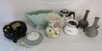 Dartmouth Devon tulip vase, Arthur wood jug, Prince William ware piggy bank, Pyrosil blue cornflower