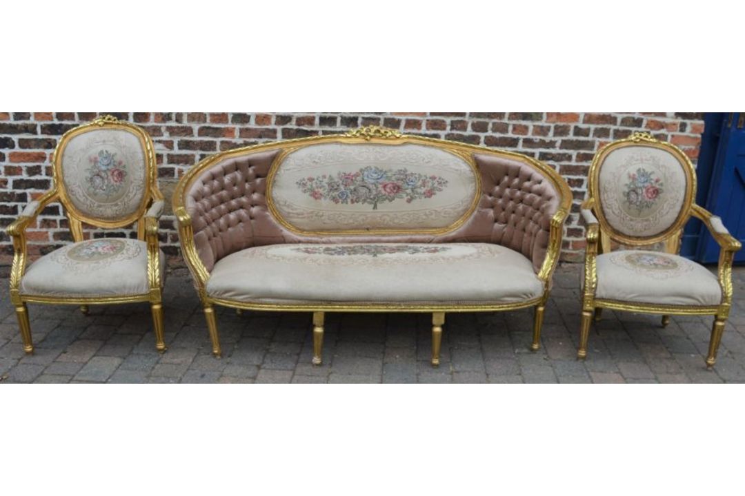 French gilded salon suite comprising a two seater sofa (L 194cm) & two open armchairs - Image 1 of 3
