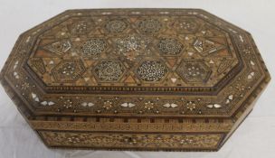 Anglo Indian inlaid parquetry and mother of pearl octagonal box (some loss to central panel) 37cm