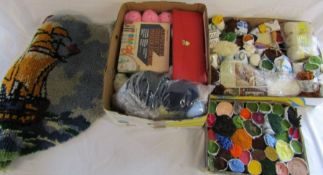 Assortment of knitting wool and needles and part rug making kit