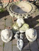 Concrete bird bath, pair of mask wall pockets, etc