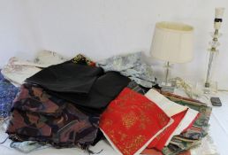 2 Art Deco style table lamps, Zippo lighter & quantity of material off cuts including leather