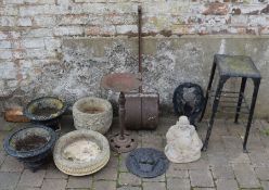 Pair of cast iron garden urns, planters, bird bath etc