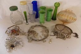 Collection of glass items including light pendants, Martin's & Lyons sweet jars, vases etc