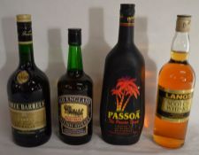 Bottle of Lang 70% proof whisky, bottle of Three Barrels brandy, bottle of Old England sherry & a