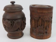19 thC Japanese bamboo brush pot and another;