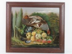 XVII English School Oil on field oak panel Still life of English Grey Partridges and quinces ,
