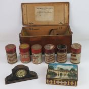A quantity of assorted collectibles inc small mantle clock 19cm wide, magic lantern slides box,