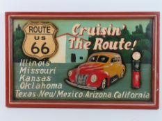 A hand painted wooden sign 'Route 66 Cruisin The Route!', 59 x 37cm.