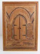 An unusual freestanding novelty framed marquetry study of an ecclesiastical Norman arch,