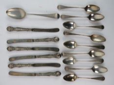 Nine HM silver tea spoons (indistinct marks) together with a single desert spoon and six silver
