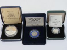 Silver proof coins; 1990 Piedfort Five Pence, 1982 Piedfort twenty pence,
