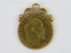 A 22ct gold half sovereign Edward VII 1905, having later pendant mount upon, 20mm dia, 4.5g.