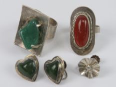 1960's Danish style Modernist jewellery; a pair of silver and hard stone screw back earrings,