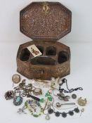 A WWI copper and brass trench art jewellery box having been made from rations tins, shell cases,