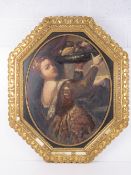 Oil on board of a finely dressed lady holding a tray of fruit aloft, no apparent signature,