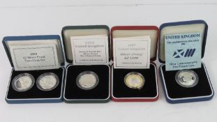 Silver proof two pound coins; 1989 two coin set, XIII Commonwealth Games 1986, 1997, and 1995.