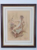 Pastel sketch, nude female at dressing table holding mirror, indistinct signature,