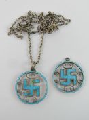 Two silver and Guilloche enamel pendants each hallmarked Birmingham 1910 (pre 1920 the swastika was